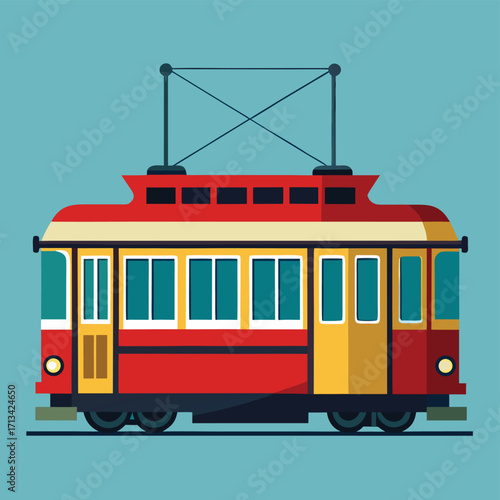 red tram on a white background