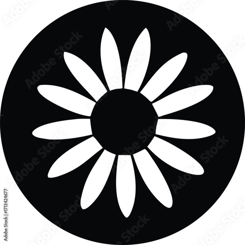 Stylized daisy flower silhouette inside a circle simple graphic symbol for nature beauty and spring season clean design element