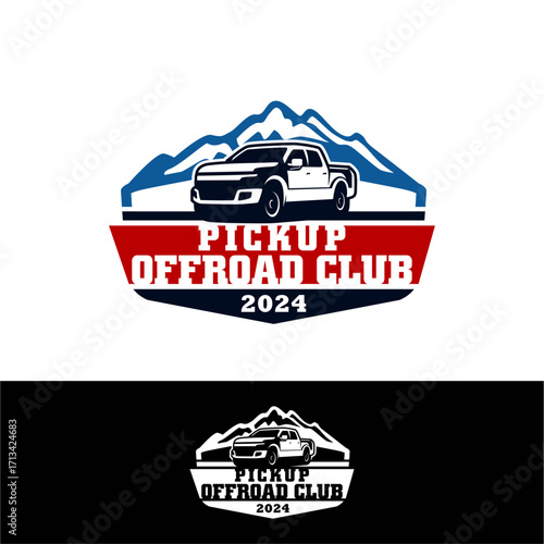 Off Road 4x4 Utility Vehicle Logo Icon. All-Terrain Pickup Truck Symbol. Auto Garage 4wd Showroom Dealership Badge. Vector Illustration