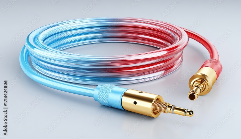 Fototapeta premium Coiled audio cable with vibrant blue-red gradient