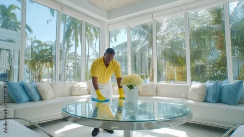 Elegant Residence: A domestic cleaner meticulously tends to an upscale sunroom's furnishings, imbuing the bright space with a sense of order and pristine refinement. 