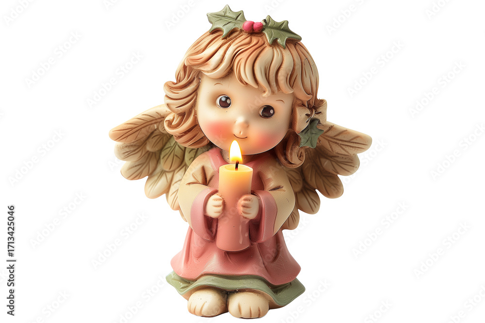 Fototapeta premium A Christmas angel figurine holding a candle, isolated on a transparent background.