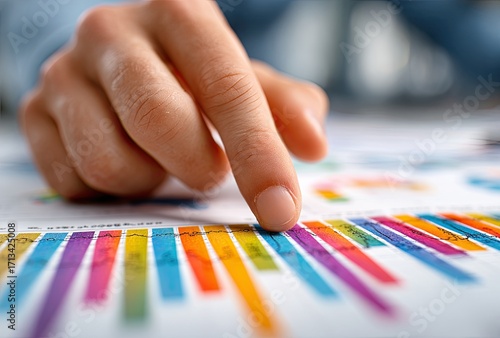 Hand pointing to colorful bar graph