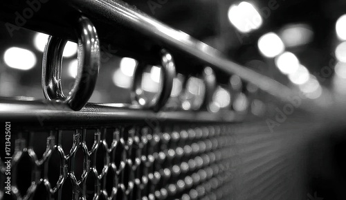 Close-up view of metal fence with rings