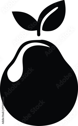 Simple black silhouette icon of a ripe pear with two green leaves food symbol fruit graphic for healthy eating