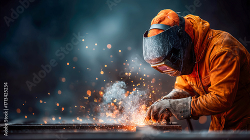 Close-up, side view, male welder welding pipe joint, sparks glowing against dark background, protective gear