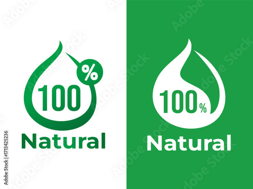 Green 100 Percent Natural Badge with Leaf Shape
