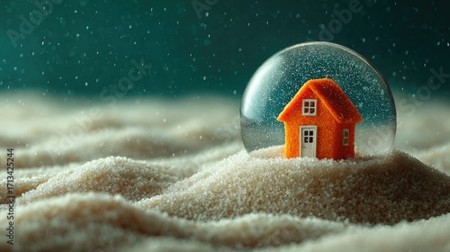 Small orange house in snow globe on sand