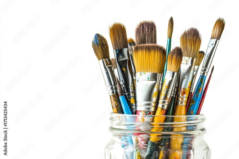 Fototapeta premium A collection of paint brushes in a glass jar, isolated on white background