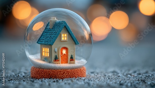 Miniature house in snow globe, warm lights