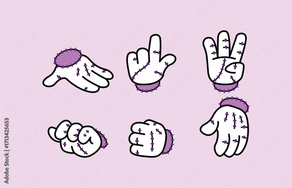 Fototapeta premium A set of six stylized cartoon hands, each with distinct poses and purple accents, rendered in a flat graphic style. Disembodied Hand Halloween Retro Mascot.