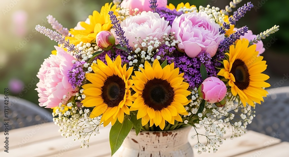 Fototapeta premium Vibrant Summer Bouquet of Sunflowers and Peonies.