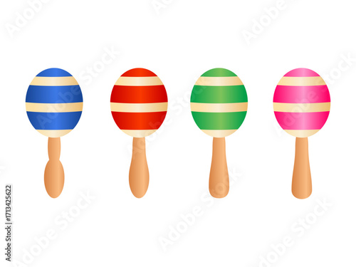 A Collection of Four Colorful Cartoon Maracas with Striped Patterns for Party and Music Themes