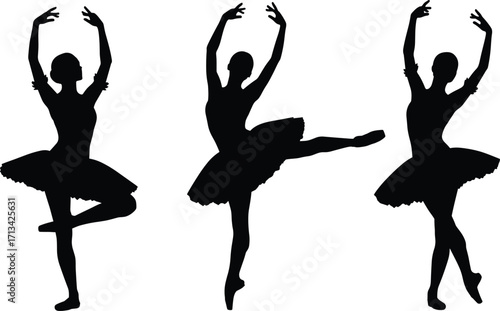 Silhouettes of three ballerinas in elegant ballet poses, dancing on pointe with graceful arms and tutus.