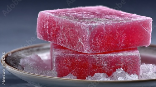 Two pink, square, textured sweet treats rest on a plate of ice