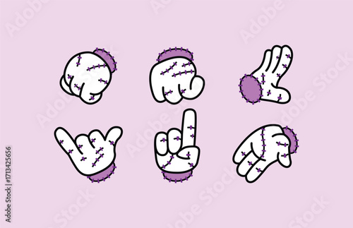 Six stylized white cartoon gloves with purple cuffs, each displaying a different hand gesture, isolated on a light pink background. Disembodied Hand Halloween Retro Mascot.