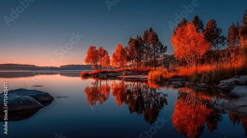 Calm autumn lake sunrise, vibrant fall colors reflected