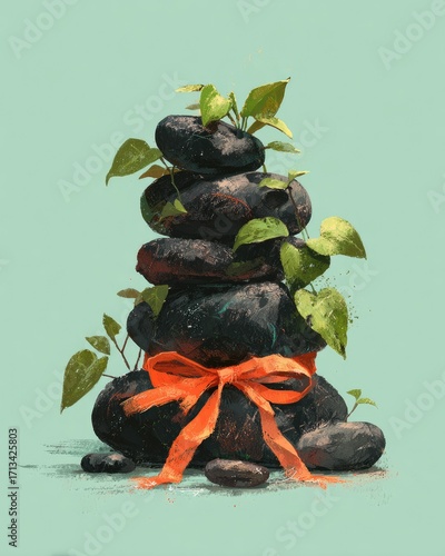 Stacked dark stones with greenery and ribbon