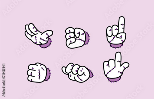 Six stylized cartoon hands depicted in different poses, including pointing, fist, and open palm, with purple cuffs. Disembodied Hand Halloween Retro Mascot.