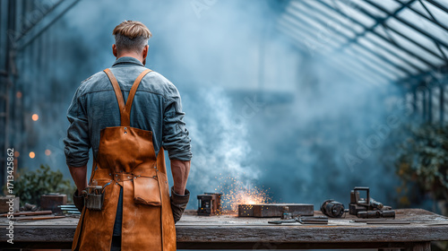 Medium back view of male welder preparing welding tools in workshop.