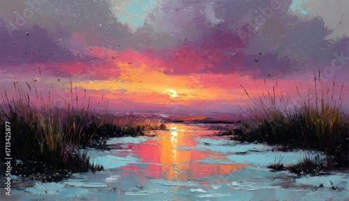 Colorful sunset over a frozen marsh