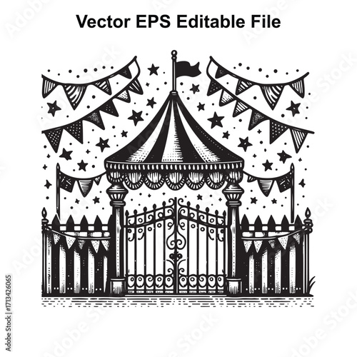 Vector art of vintage circus tent entrance with flags and bunting