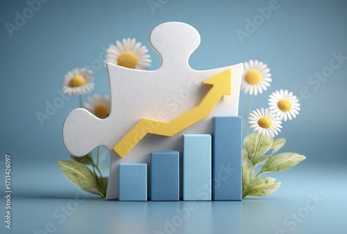 Growth, puzzle, and flowers;  a 3D graphic of a growing bar chart