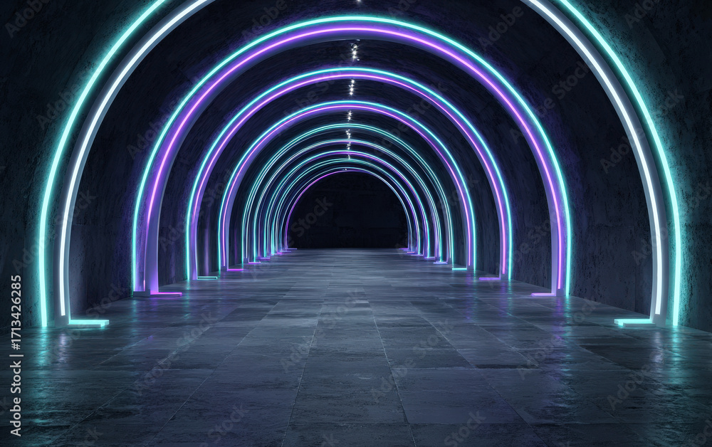 Obraz premium Colorful neon light arches forming a futuristic tunnel structure