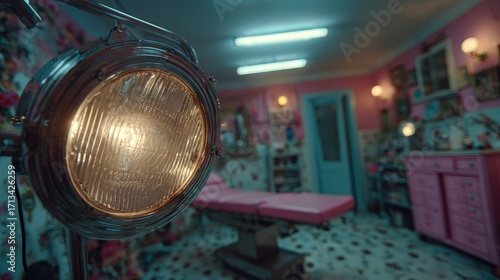 Vintage tattoo parlor interior, spotlight