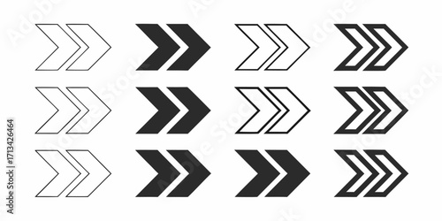 A collection of twelve arrow symbols pointing right in both filled and outlined styles arranged in rows | editable eps vectors silhouette