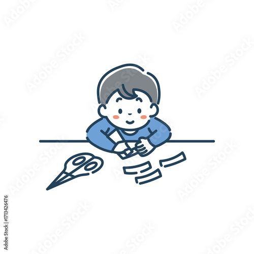 笑顔で工作をする男の子のイラスト素材