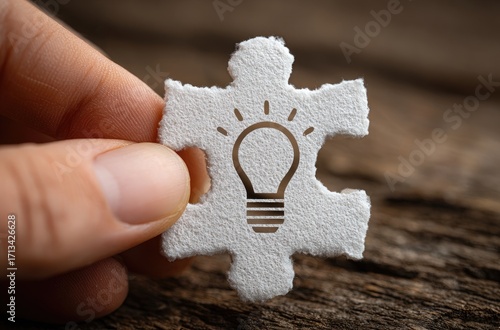 Hand holds puzzle piece with lightbulb icon