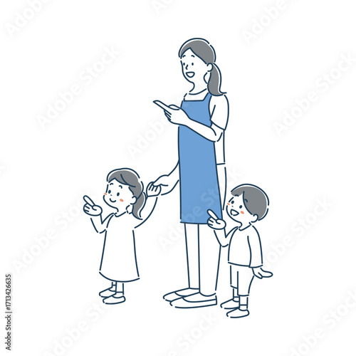 笑顔で手を繋ぐ女の子と男の子の園児と保育士のイラスト素材