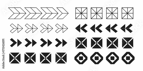 Collection of various geometric shapes including arrows and squares arranged in rows and columns | editable eps vectors silhouette