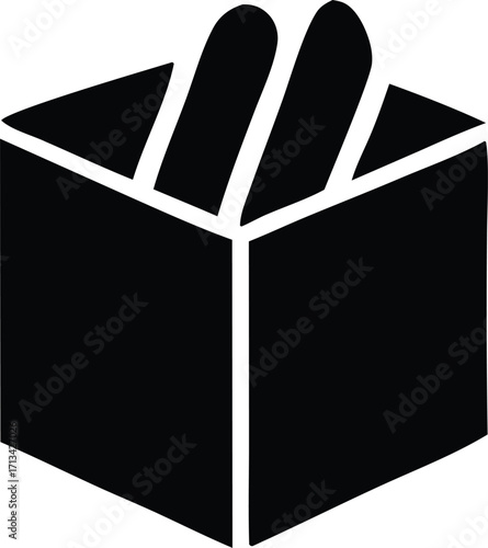 Simple black and white icon representing two bread slices inside an open box or container