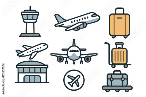Air travel and airport icon set. Vector cartoon illustration of aviation symbols like airplane, luggage, flight control tower, and terminal. Simple outline design for tourism.