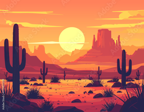 Illustration landscape of desert at sunset time