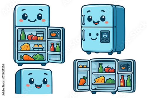 Cartoon refrigerator character set. Cute open and closed fridge with healthy food. Kawaii kitchen appliance mascot for grocery and nutrition concepts. Vector illustration.