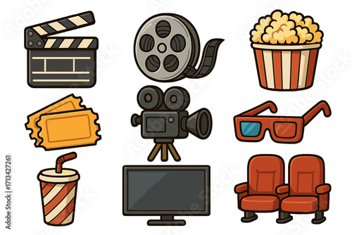 Cinema icon set cartoon collection. Movie and film entertainment symbols. Popcorn, soda, ticket, 3D glasses, camera, film reel, clapperboard, seats, and screen elements.