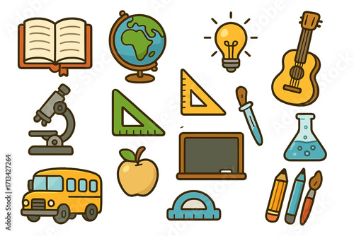 Education icon set for back to school. Cartoon vector collection of learning & study supplies. Science, geography, math, art, music symbols. Knowledge & creativity tools.