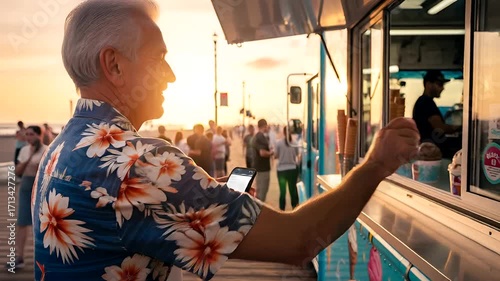 Mature man using mobile payment at an ice cream food truck on a sunny beach boardwalk scene