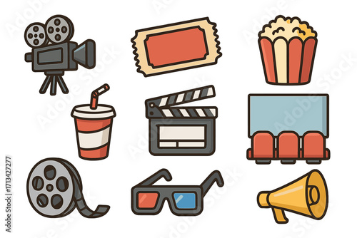Cinema and movie entertainment icon set. Collection of film industry symbols like camera, clapperboard, ticket, popcorn and 3D glasses. Vector cartoon illustration.