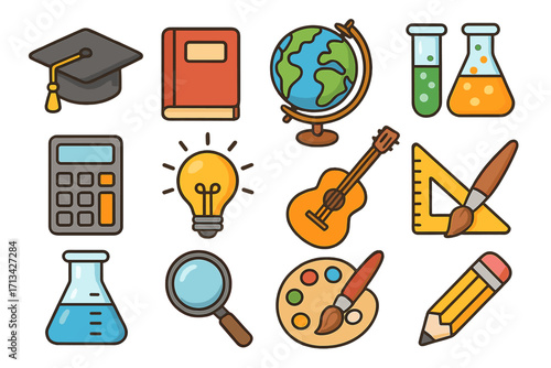 Big collection of education and school icons. Symbols for learning, academic subjects, and creativity tools. Vector set includes globe, book, cap, calculator, and art supplies.