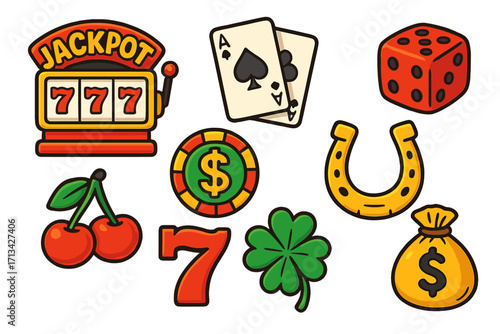 Casino icon set with jackpot slot machine, lucky 7, playing cards, dice, and money bag. Gambling collection with four-leaf clover, horseshoe, cherry, and poker chip.