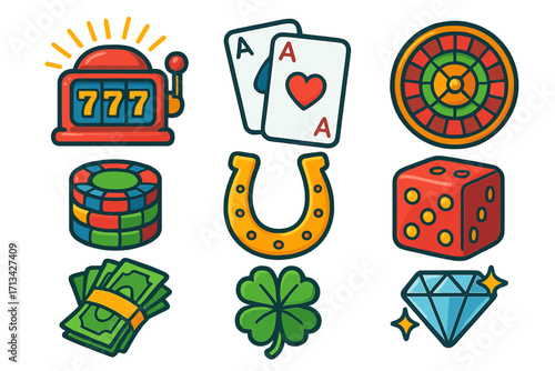 Casino icon set for gambling and gaming. Vector illustration of jackpot, slot machine, playing cards, poker chips, roulette wheel, lucky symbols, horseshoe, clover, and dice.