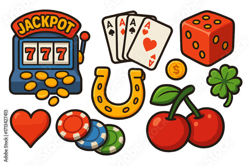 Casino gambling icon set with slot machine jackpot 777. Vector cartoon illustration of lucky game symbols: playing cards, poker chips, dice, horseshoe, clover. Gaming stickers.