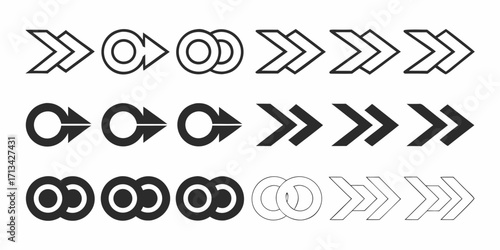 Various arrow designs in black and white showcasing different styles and orientations pointing rightward | editable eps vectors silhouette