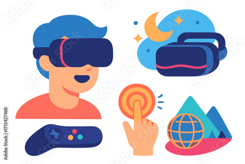 Virtual reality icon set for metaverse and gaming. Man with VR headset, controller, and interactive elements. Digital world simulation and cyberspace technology vector concept.