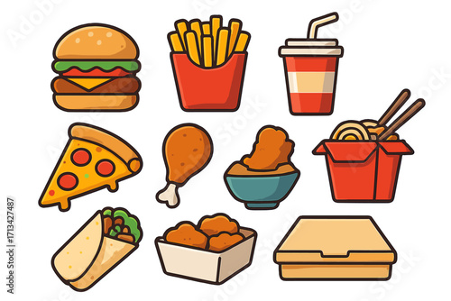 Fast food icon set. Vector cartoon illustration of popular takeout meals like pizza, burger, fries, fried chicken, burrito, nuggets and chinese noodles. Junk food symbols.