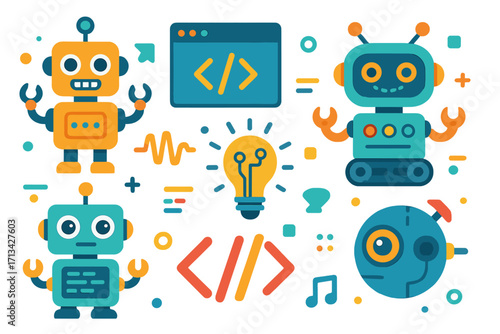 Set of cute cartoon robots and coding icons. Technology and creativity in digital design. Vector elements for programming, software development, AI, and innovation concept.